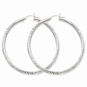 14k White Gold Diamond-cut 3mm Round Hoop Earrings