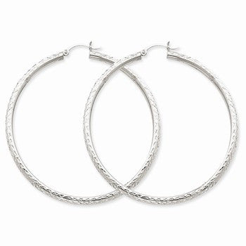 14k White Gold Diamond-cut 3mm Round Hoop Earrings