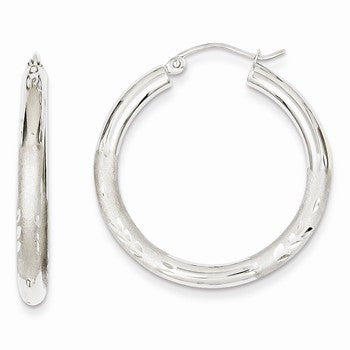 14k White Gold Satin Diamond-cut 3mm Round Hoop Earrings