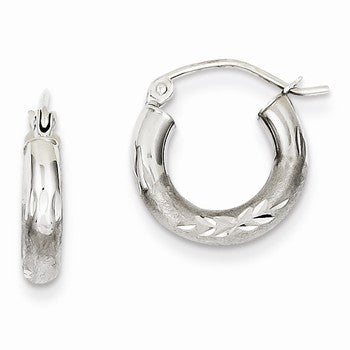 14k White Gold Satin Diamond-cut 3mm Round Hoop Earrings