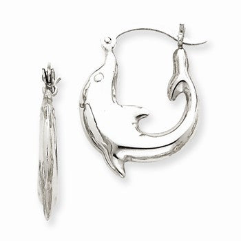 14k White Gold Polished Dolphin Hoop Earrings