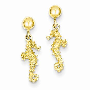 14k Yellow Gold 3-D Mini Seahorse Dangle Post Earrings