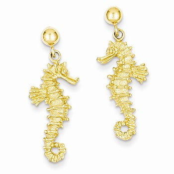 14k Yellow Gold Large Seahorse Dangle Post Earrings