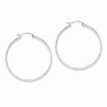 14k White Gold Diamond-cut 2.8x37mm Hollow Hoop Earrings