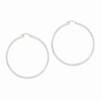 14k White Gold Diamond-cut 3.5x65mm Hollow Hoop Earrings