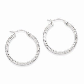 14k White Gold Knife Edge Diamond-cut 2.5x25mm Hoop Earrings