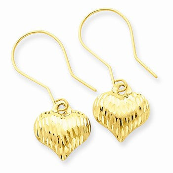 14k Yellow Gold Diamond-cut Puffed Heart Dangle Earrings