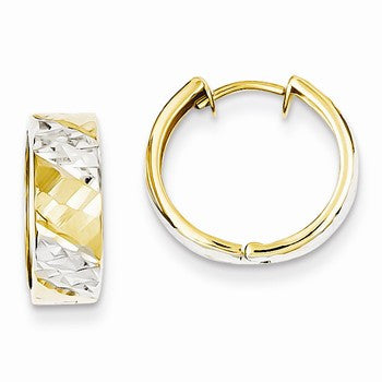 14k Yellow Gold 5mm Diamond-cut Rhodium Hoop Earrings