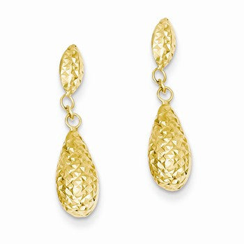 14k Yellow Gold Diamond-cut Puff Teardrop Dangle Earrings