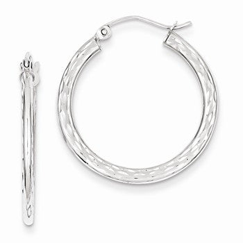 14k White Gold Diamond-cut 1.5x25mm Hollow Hoop Earrings