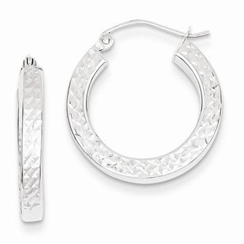 14k White Gold Diamond-cut 3x20mm Square Tube Hoop Earrings