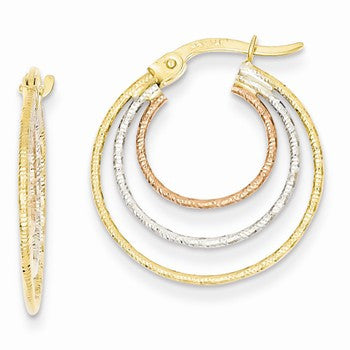 14k Tri Color Gold Diamond-cut Triple Hoop Earrings