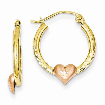 14k Yellow & Rose Gold Heart Diamond-cut Hoop Earrings