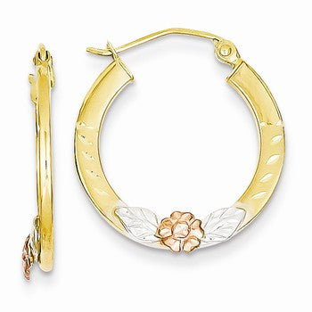 14k Yellow & Rose Gold w/Rhodium Diamond-cut Flower Hoop Earrings