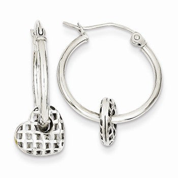 14k White Gold Moveable Heart Hoop Earrings