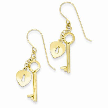 14k Yellow Gold Puff Heart Lock & Key Earrings