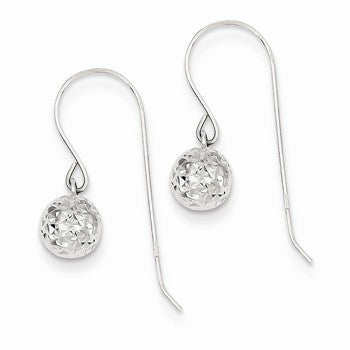 14k White Gold 6mm Diamond-cut Ball Dangle Earrings