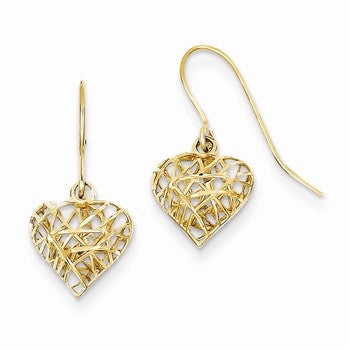 14k Yellow Gold Diamond-cut Puffed Heart Dangle Earrings