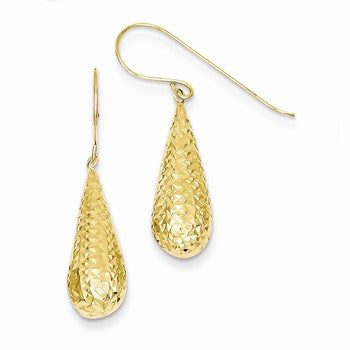 14k Yellow Gold Diamond-cut Puff Tear Drop Dangle Earrings