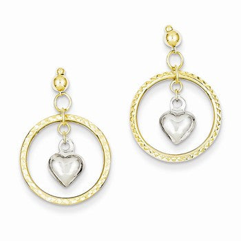 14k Two-tone Diamond-cut Loop w/ Puff Hearts Earrings