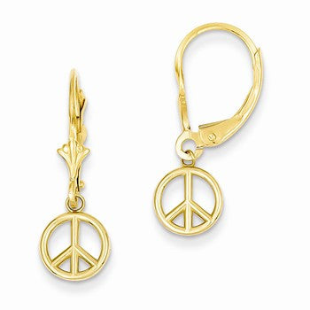 14k Yellow Gold Polished Peace Sign Dangle Leverback Earrings