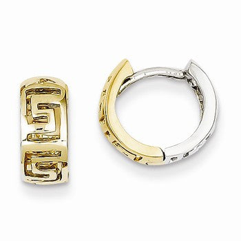 14k Two-tone Greek Key Hinged Hoop Earrings