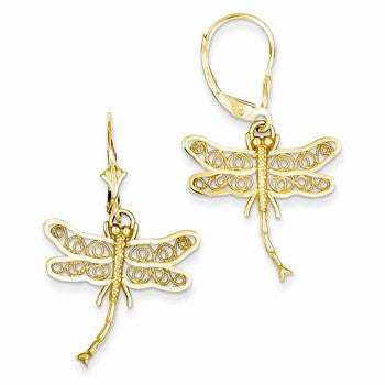 14k Yellow Gold Dragonfly w/Filigree Wings Leverback Earrings