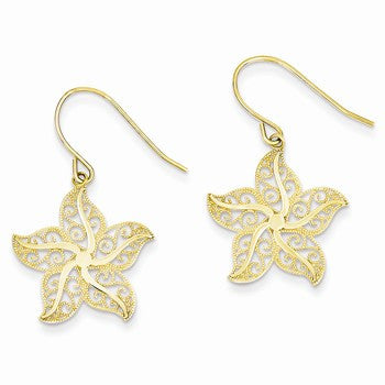 14k Yellow Gold Filigree Starfish Shepherd Hook Earrings