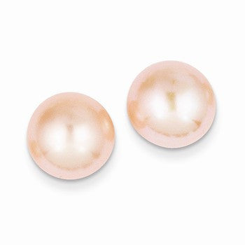 14k Yellow Gold 10-11mm Pink Button Pearl Stud Earrings