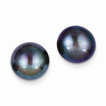 14k Yellow Gold 11-12mm Black Button FreshwaterCultured Pearl Stud Earrings