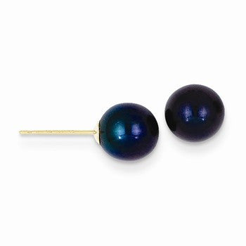 14k Yellow Gold 7-8mm Black Round Freshwater Cultured Pearl Stud Earrings