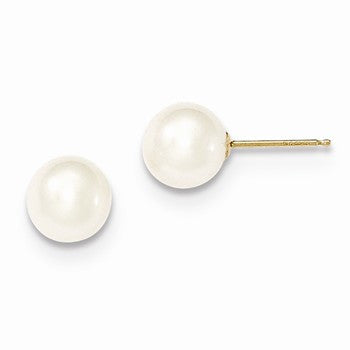 14k Yellow Gold 7-8mm White Round Freshwater Cultured Pearl Stud Earrings