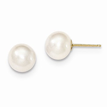 14k Yellow Gold 8-9mm White Round Freshwater Cultured Pearl Stud Earrings