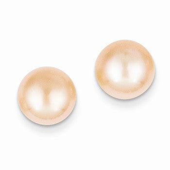 14k Yellow Gold 9-9.5mm Pink Button Cultured Pearl Stud Earrings