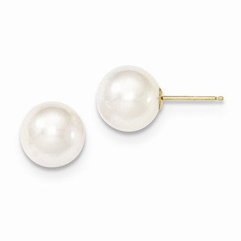 14k Yellow Gold 9-10mm White Round Freshwater Cultured Pearl Stud Earrings