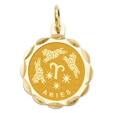 14k Gold Satin Polished Engravable Aries Zodiac Scalloped Disc Charm hide-image