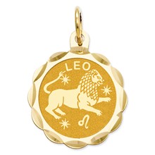 14k Gold Satin Polished Engravable Leo Zodiac Scalloped Disc Charm hide-image