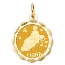 14k Gold Satin Polished Engravable Libra Zodiac Scalloped Disc Charm hide-image