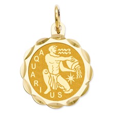 14k Gold Satin Polished Engravable Aquarius Zodiac Scalloped Disc Charm hide-image