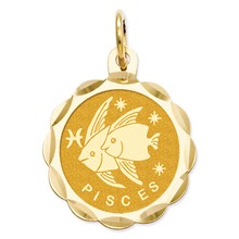 14k Gold Satin Polished Engravable Pisces Zodiac Scalloped Disc Charm hide-image