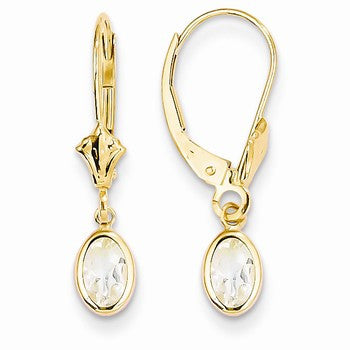 14k Yellow Gold 6x4 Oval Bezel April/White Zircon Leverback Earrings