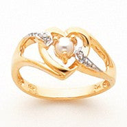 14k Yellow Gold Diamond & Cultured Pearl Birthstone Heart Ring