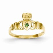 14k Yellow Gold Green CZ Claddagh Ring