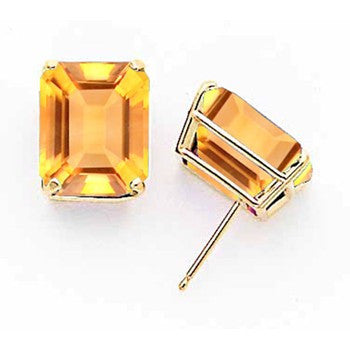 14k Yellow Gold 12x10mm Emerald Cut Citrine Earring, Jewelry Earrings