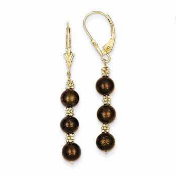 14k Yellow Gold Coffee Brown Cultured Pearl Bead Earrings