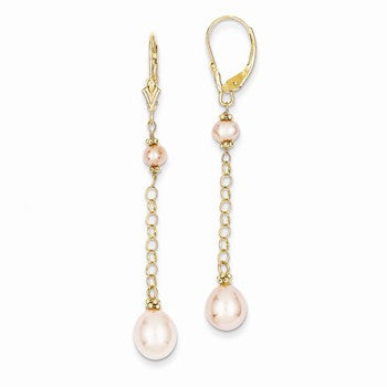 14k Yellow Gold Pink Color Cultured Pearl Leverback Earrings
