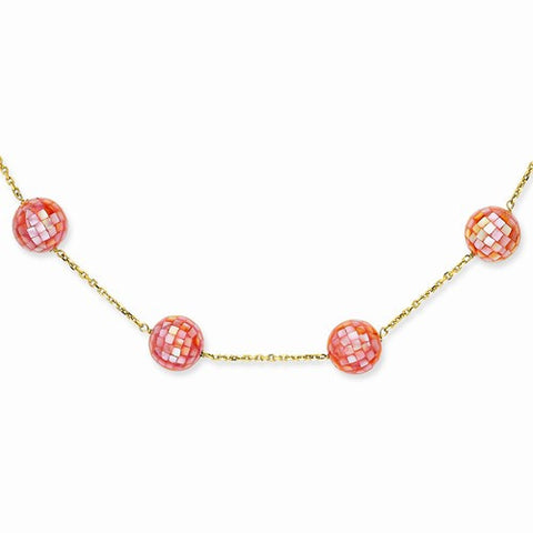 14K Yellow Gold Pink Mosaic Mother Of Pearl Necklace