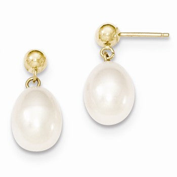 14k Yellow Gold 8-8.5mm White Freshwater Cultured Pearl Dangle Earrings