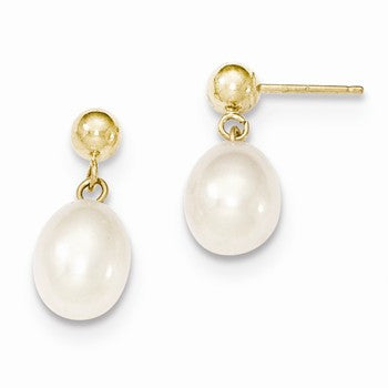 14k Yellow Gold 7-7.5mm White Freshwater Cultured Pearl Dangle Earrings