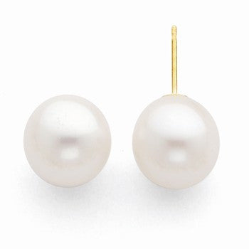 14k Yellow Gold 10-10.5mm White Freshwater Cultured Pearl Stud Earrings